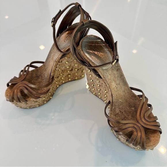 Gucci Studded Cecyl Leather Wedges - Picture 2 of 16